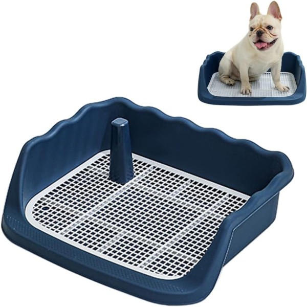Indoor Dog Potty Tray, Puppy Toilet, Mesh Puppy Training Litter Box with No-Spill Simulation Poop Post and Protective Wall, Easy to Clean
