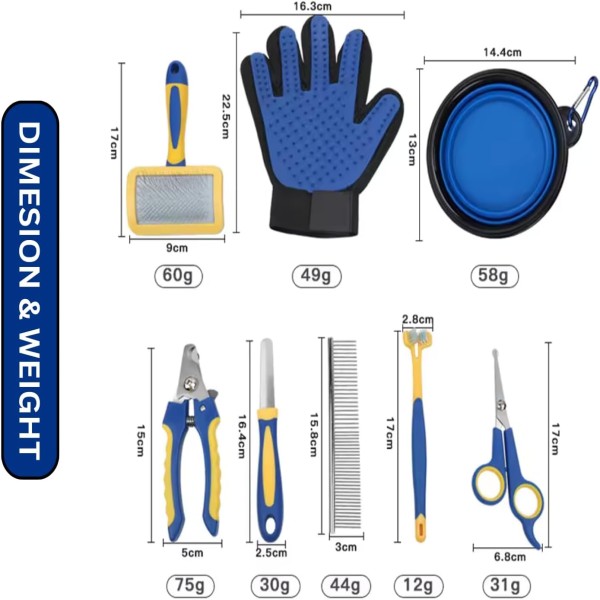 Pet Dog Cat Grooming Kit 8 in 1,Toothbrush, Pin Brush, Nail Clipper, Collapsible Bowls, Hair Removal Glove, Metal Comb, Nail File For Dogs, Grooming Scissors