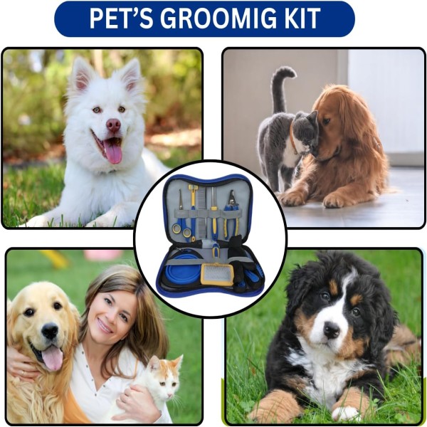 Pet Dog Cat Grooming Kit 8 in 1,Toothbrush, Pin Brush, Nail Clipper, Collapsible Bowls, Hair Removal Glove, Metal Comb, Nail File For Dogs, Grooming Scissors
