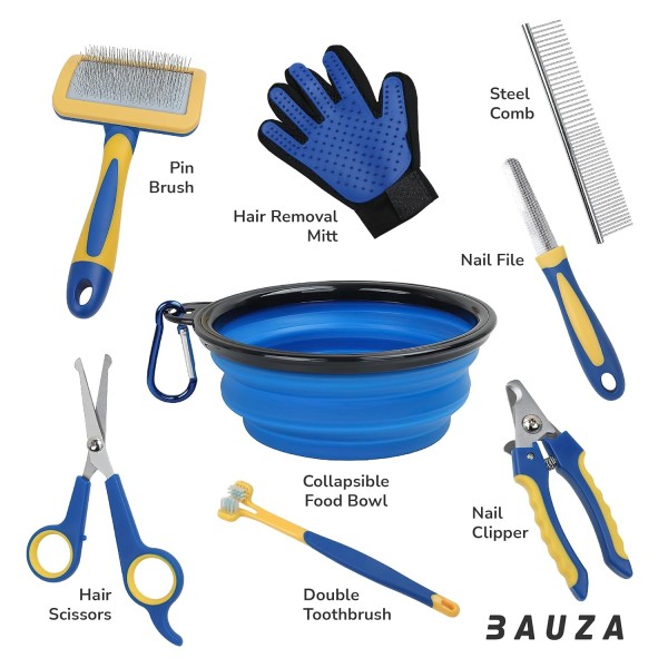 Pet Dog Cat Grooming Kit 8 in 1,Toothbrush, Pin Brush, Nail Clipper, Collapsible Bowls, Hair Removal Glove, Metal Comb, Nail File For Dogs, Grooming Scissors