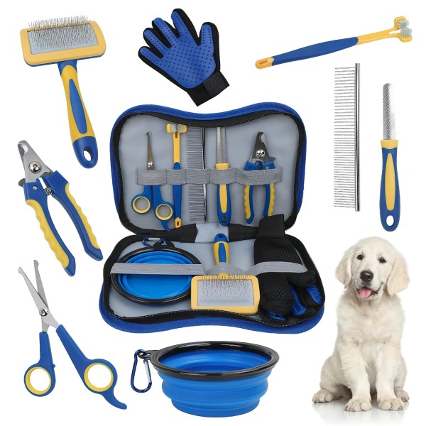Pet Dog Cat Grooming Kit 8 in 1,Toothbrush, Pin Brush, Nail Clipper, Collapsible Bowls, Hair Removal Glove, Metal Comb, Nail File For Dogs, Grooming Scissors