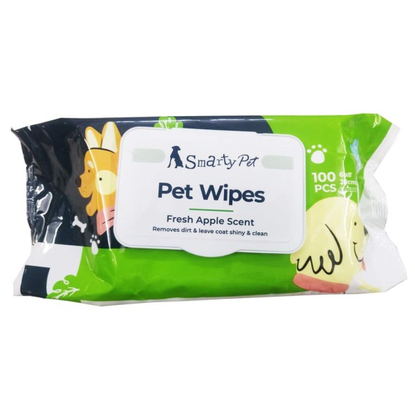 Smarty Pet Wet Pet Wipes for Dogs, Puppies & Cats Apple Scent 6"x 8" - Pack of 100 Wipes