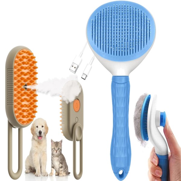 2-in-1 Pet Grooming Brush Combo – Self-Cleaning Slicker Brush & Foldable Silicone Steamer Comb for Dogs and Cats