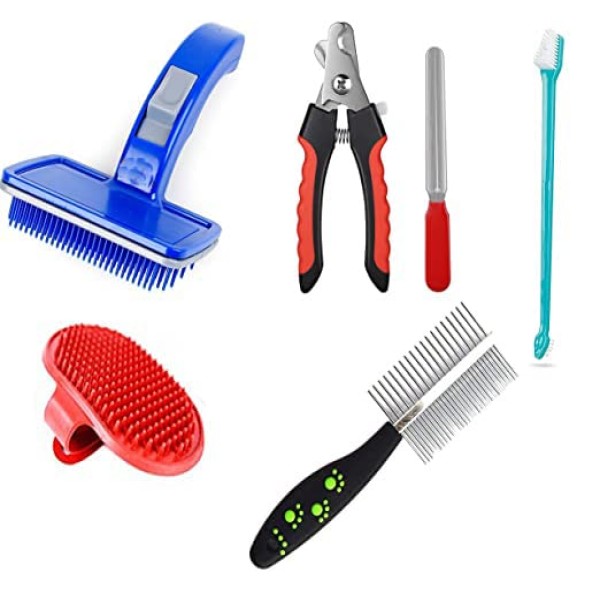 6 in 1 Dog Cat Grooming Kit Bath Brush - Toothbrush, Double Side Comb, Nail Cutter, Nail Filler & Pet Self Cleaning Slicker Brush Ideal for Cat Dogs and Puppies Grooming