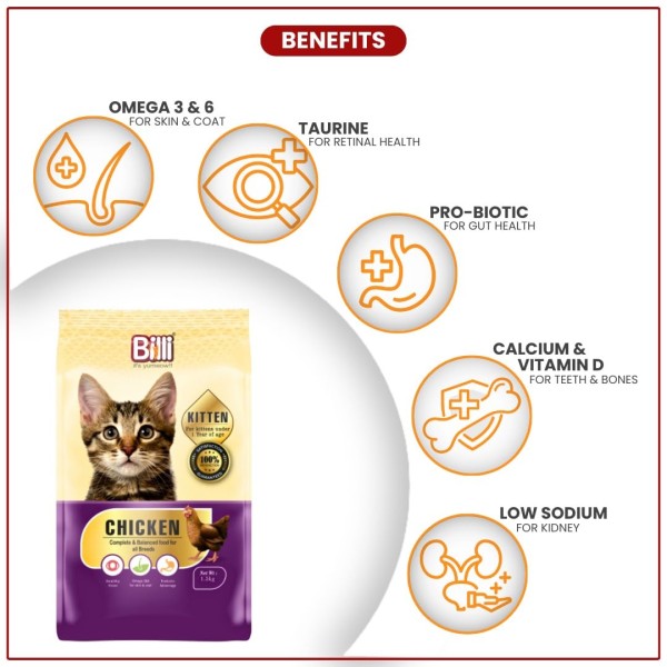 Billi Kitten Dry Cat Food - Real Chicken 1.5KG | Kitten (2-12 Months) Dry Cat Food