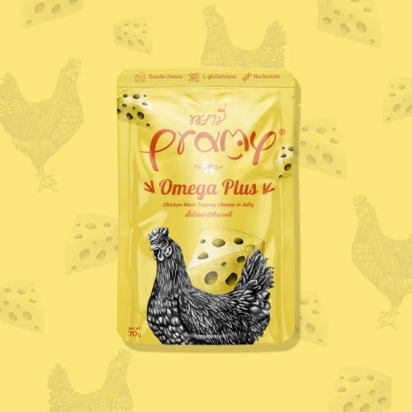 Pramy Cat Wet Food OMEGA PLUS - Chicken Meat Topping Cheese in Jelly For All Age Cats 70gm | Cat Wet Food