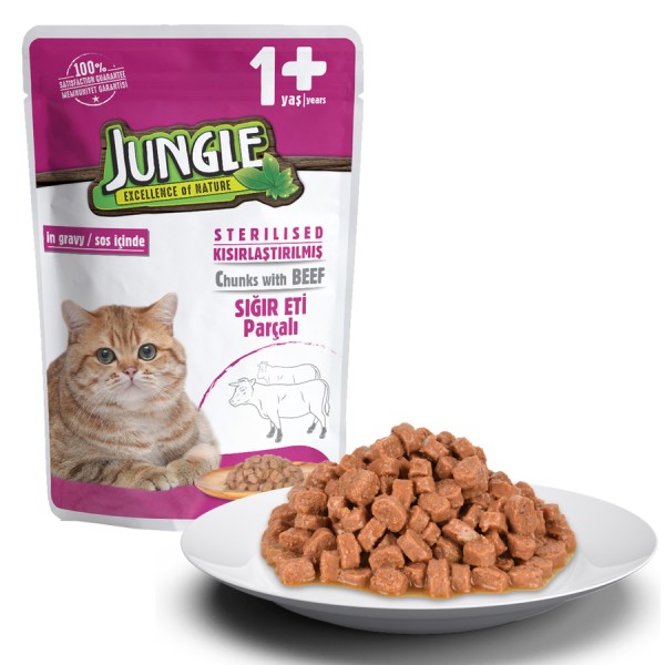 Jungle Cat Pouch Food Adult Sterilised Beef in Gravy 100gm | Cat Wet Food