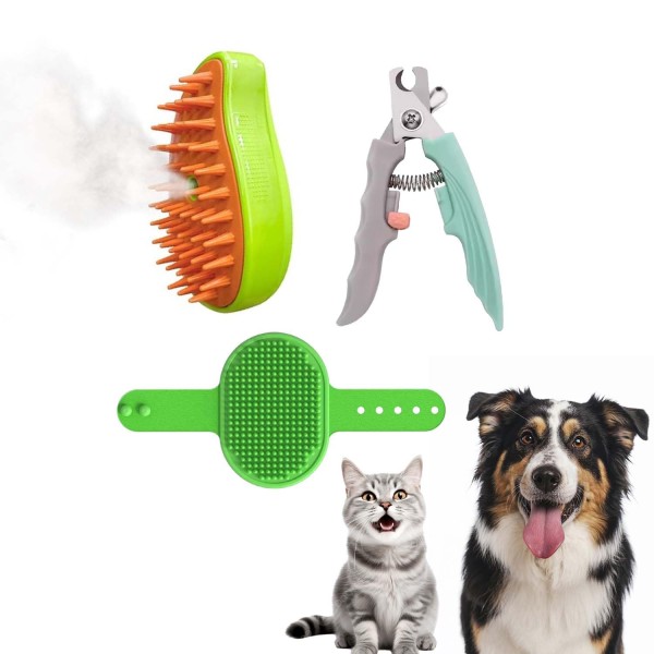 3-in-1 Pet Grooming Set for Dogs & Cats | Nail Clipper + Steam Massage Brush + Silicone Glove Brush