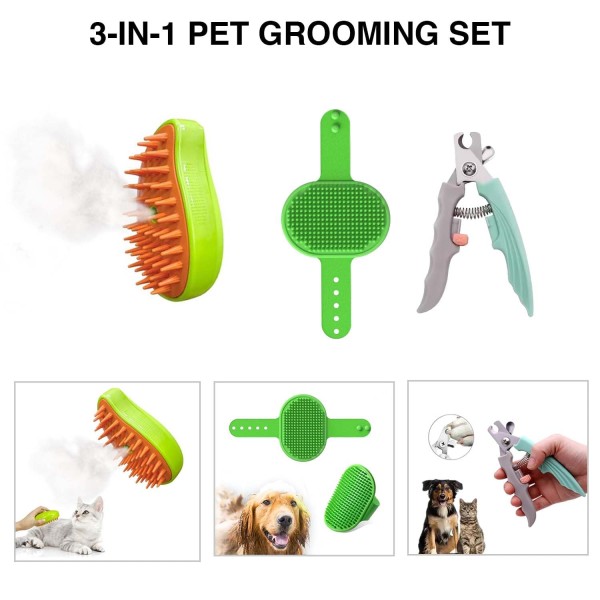 3-in-1 Pet Grooming Set for Dogs & Cats | Nail Clipper + Steam Massage Brush + Silicone Glove Brush