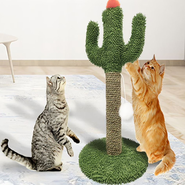 Cat Scratching Post, 23.6in Cactus Shaped Indoor Single Cat Scratcher with Solid Wood Base and Ball Toys