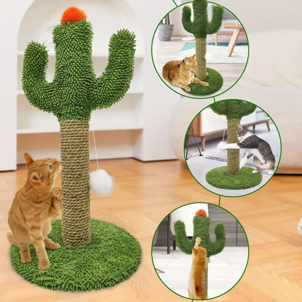 Cat Scratching Post, 23.6in Cactus Shaped Indoor Single Cat Scratcher with Solid Wood Base and Ball Toys