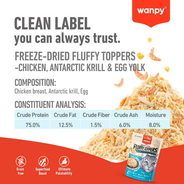 Wanpy Freeze-Dried Fluffy Toppers – Chicken, Antarctic Krills & Egg Yolk 30g | Wanpy Fluffy Toppers