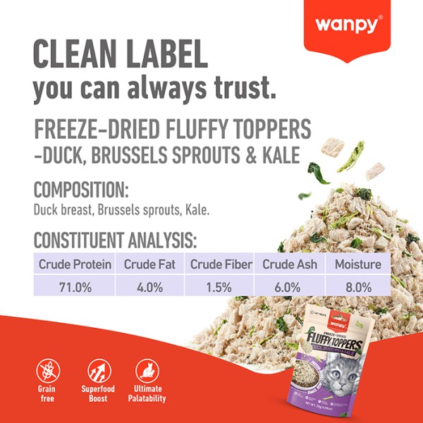 Wanpy Freeze-Dried Fluffy Toppers – Duck, Brussels Sprouts and Black Cabbage 30g | Wanpy Fluffy Toppers
